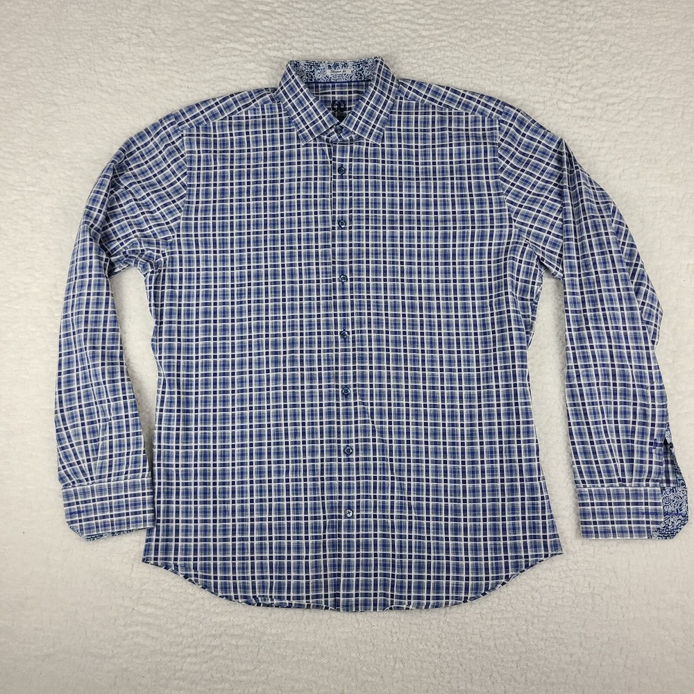 Bugatchi Uomo Dress Shirt Mens XL Blue White Check Plaid Shaped Fit Button‎ Up